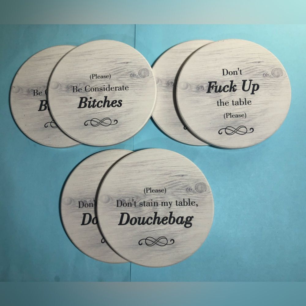 6 Pieces 4" Ceramic Coaster Set with 4 Fun Messages Cork Backing